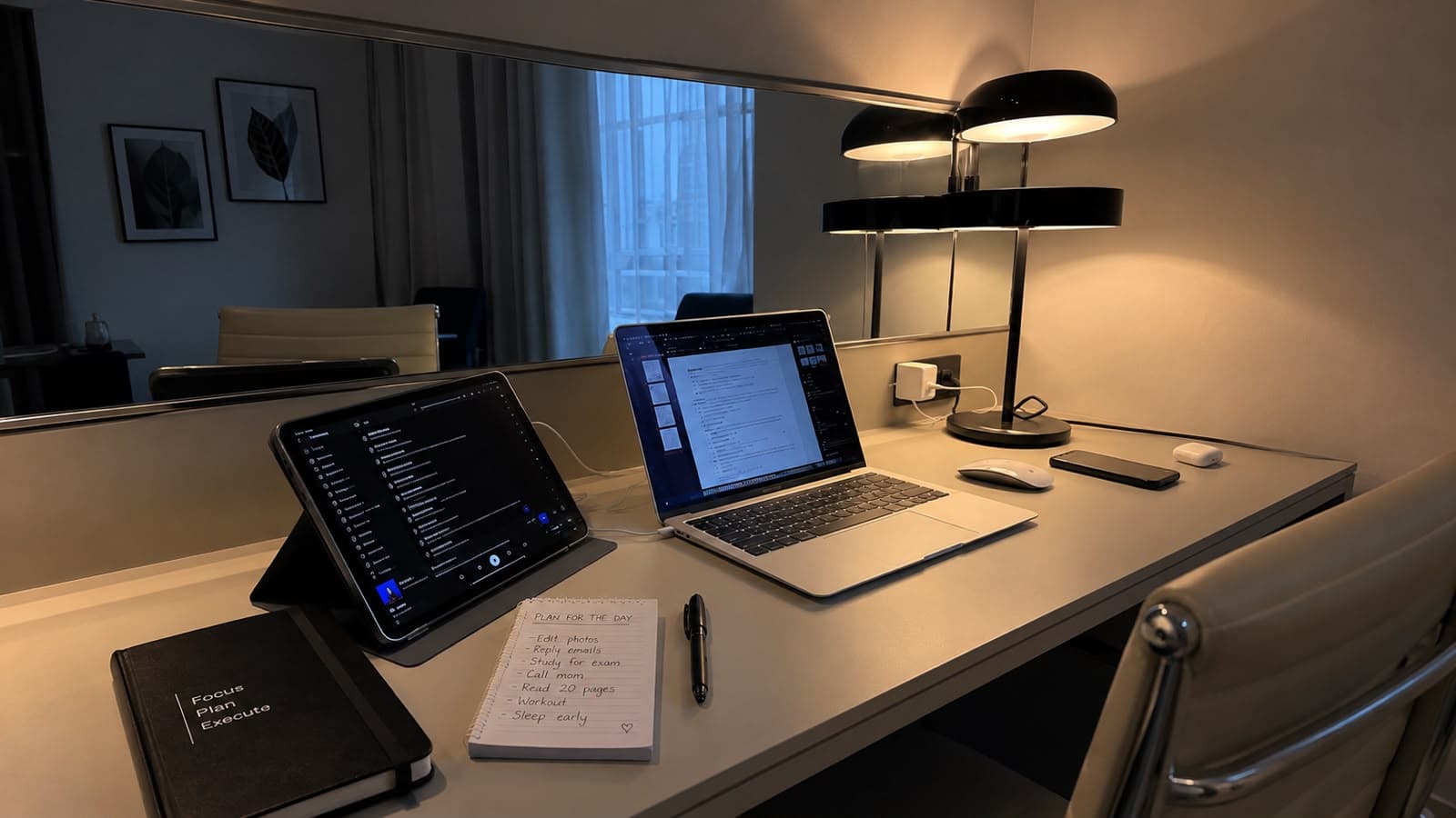 Le poste de travail de Noah : ordinateur, tablette et carnet